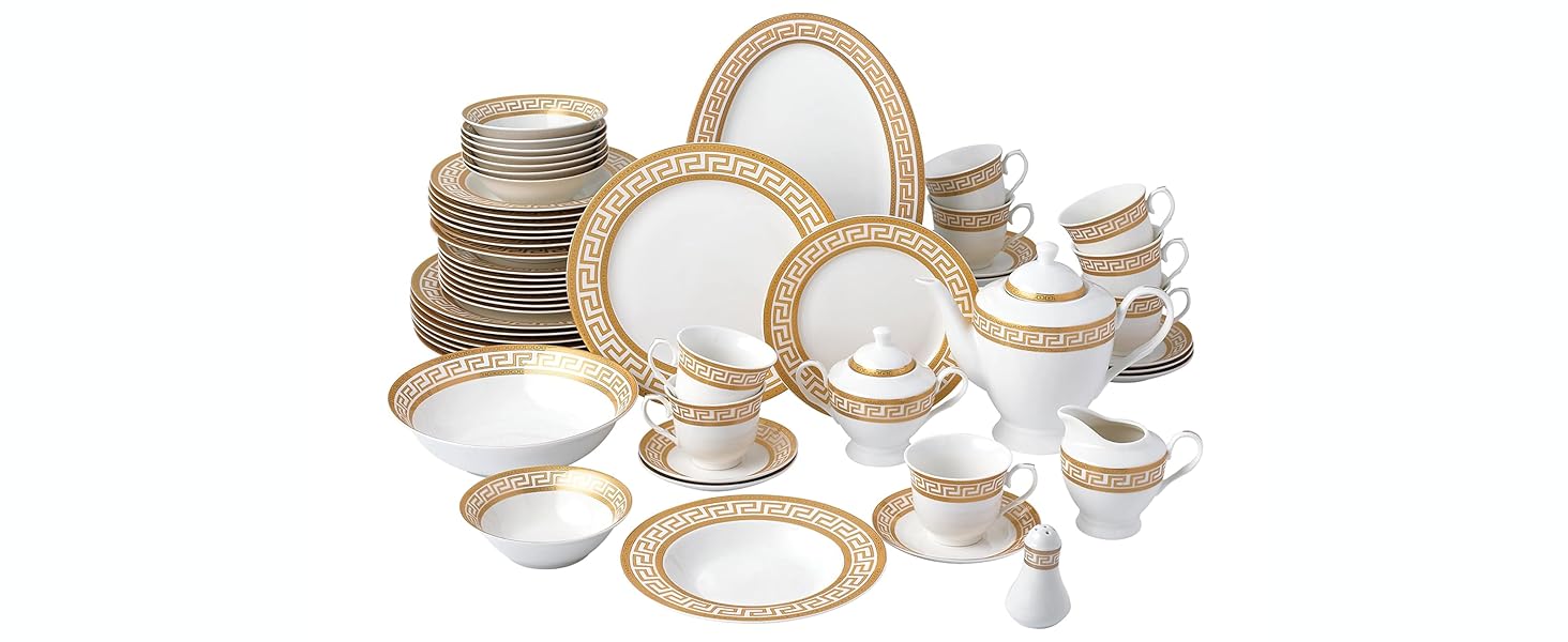 Greek Key 57 Piece bone china dinnerware set