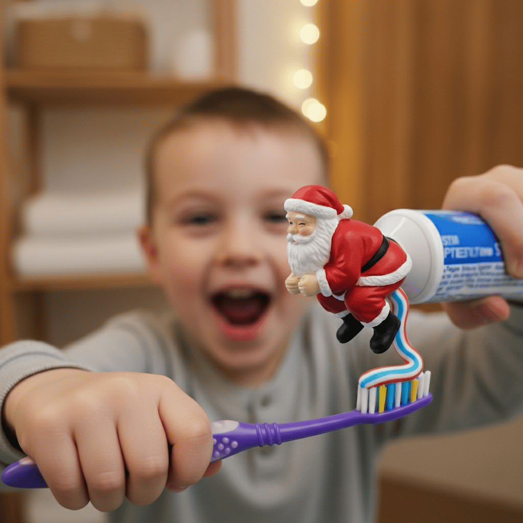 Excited child with Santa toothpaste topper