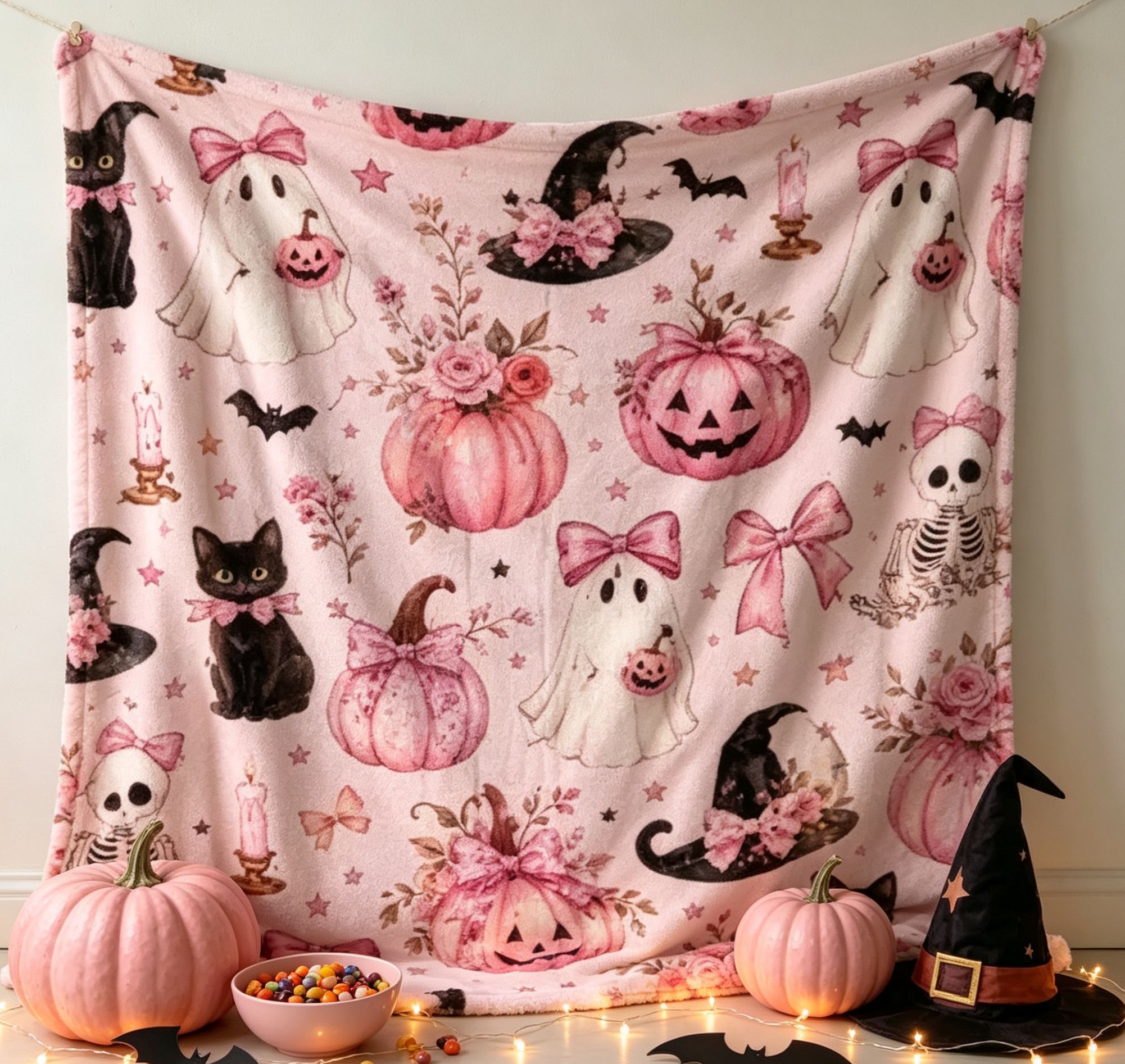 Pink Pastel Halloween Flannel Blanket