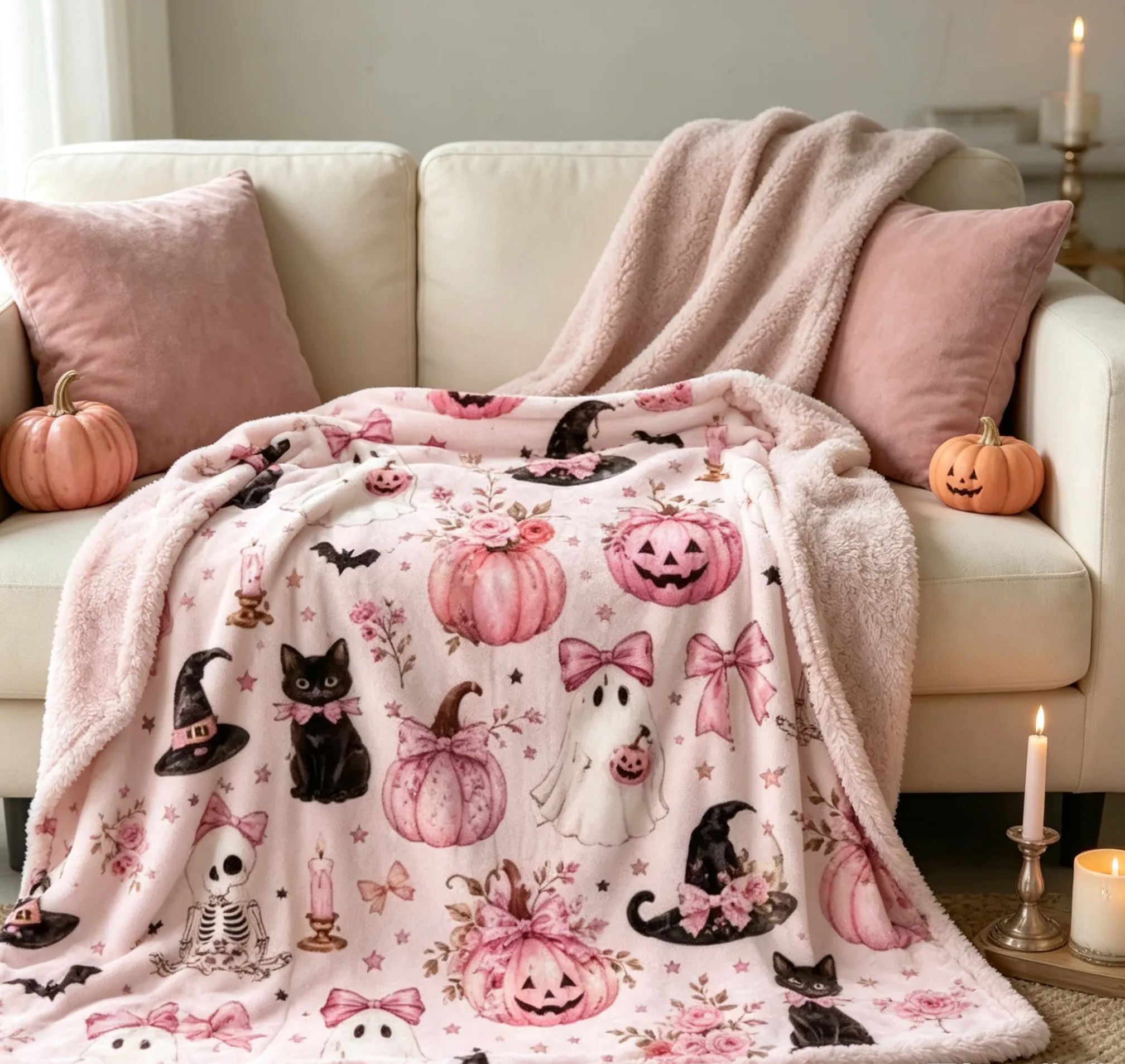 Pink Pastel Halloween Flannel Blanket