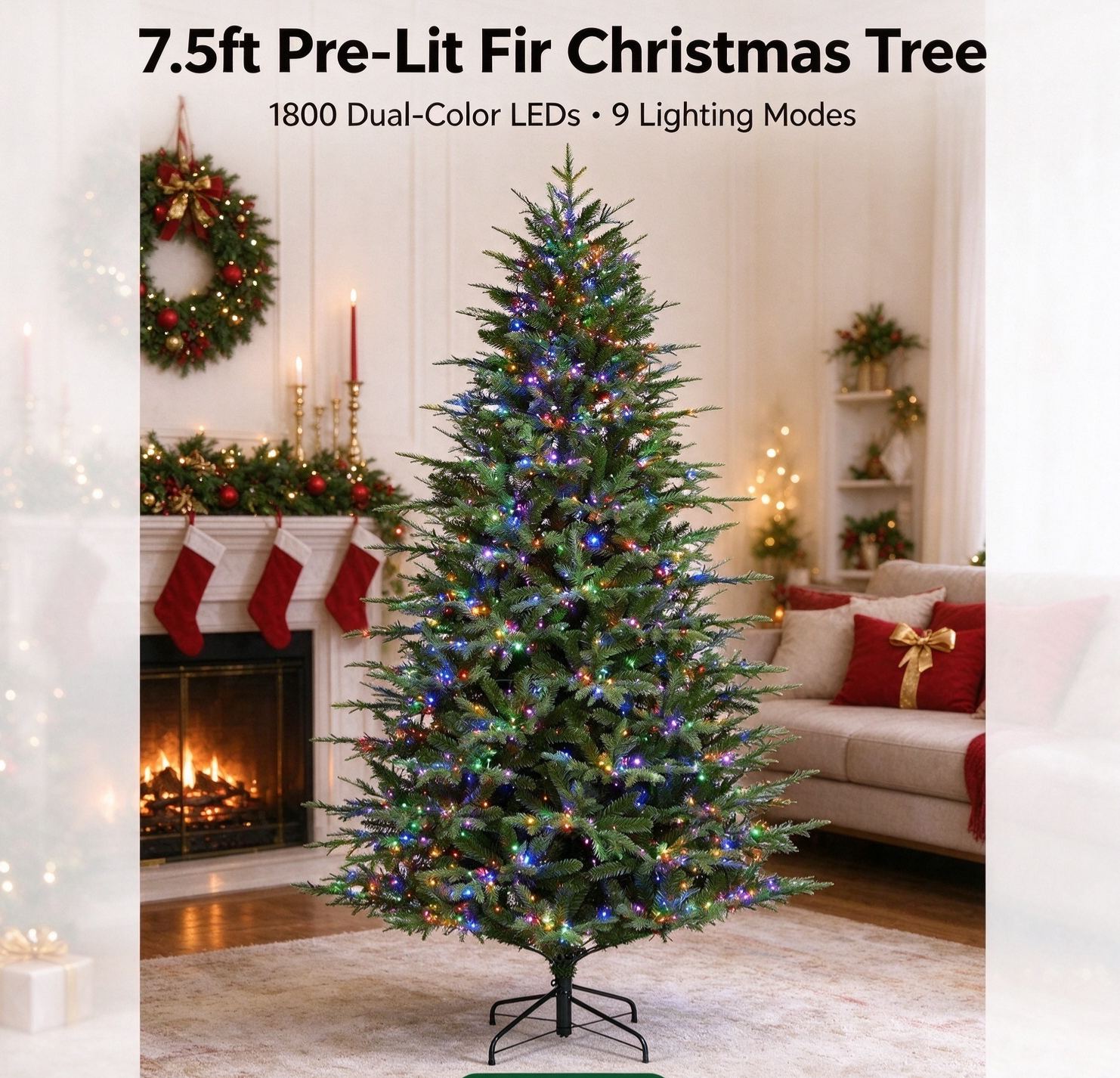 Glitzhome 7.5ft Pre-Lit Artificial Fir Christmas Tree