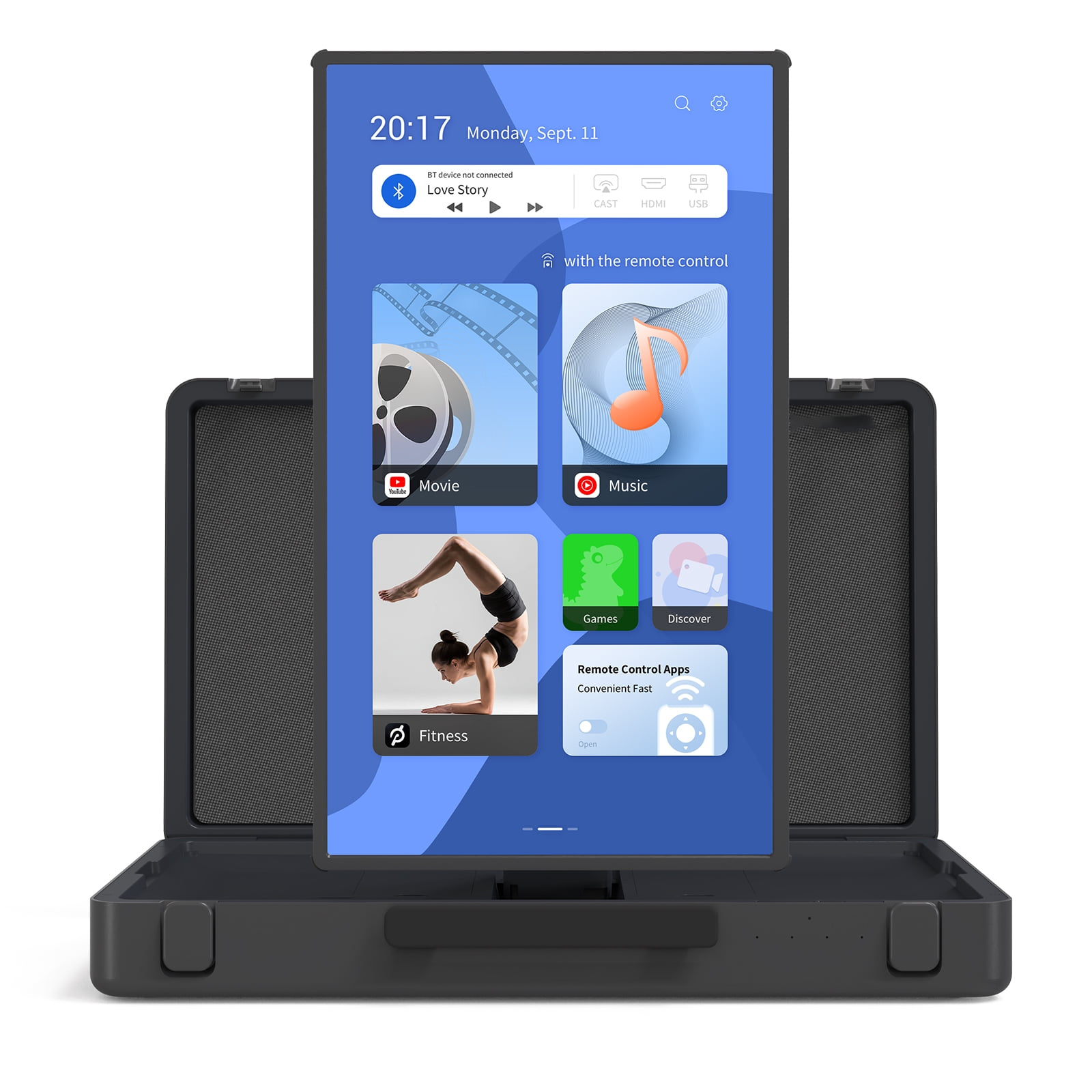 Apolosign PackGo 27" portable TV in light gray briefcase, Android OS interface with Movies, Music, Karaoke apps.