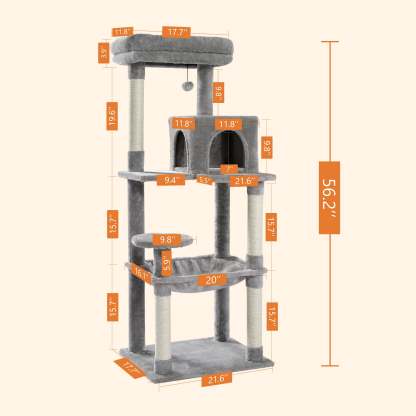 Cat Tree for Large Cats 56"Tall Cat Tower Condo with Scratching Post for Indoor Cats,Gray
