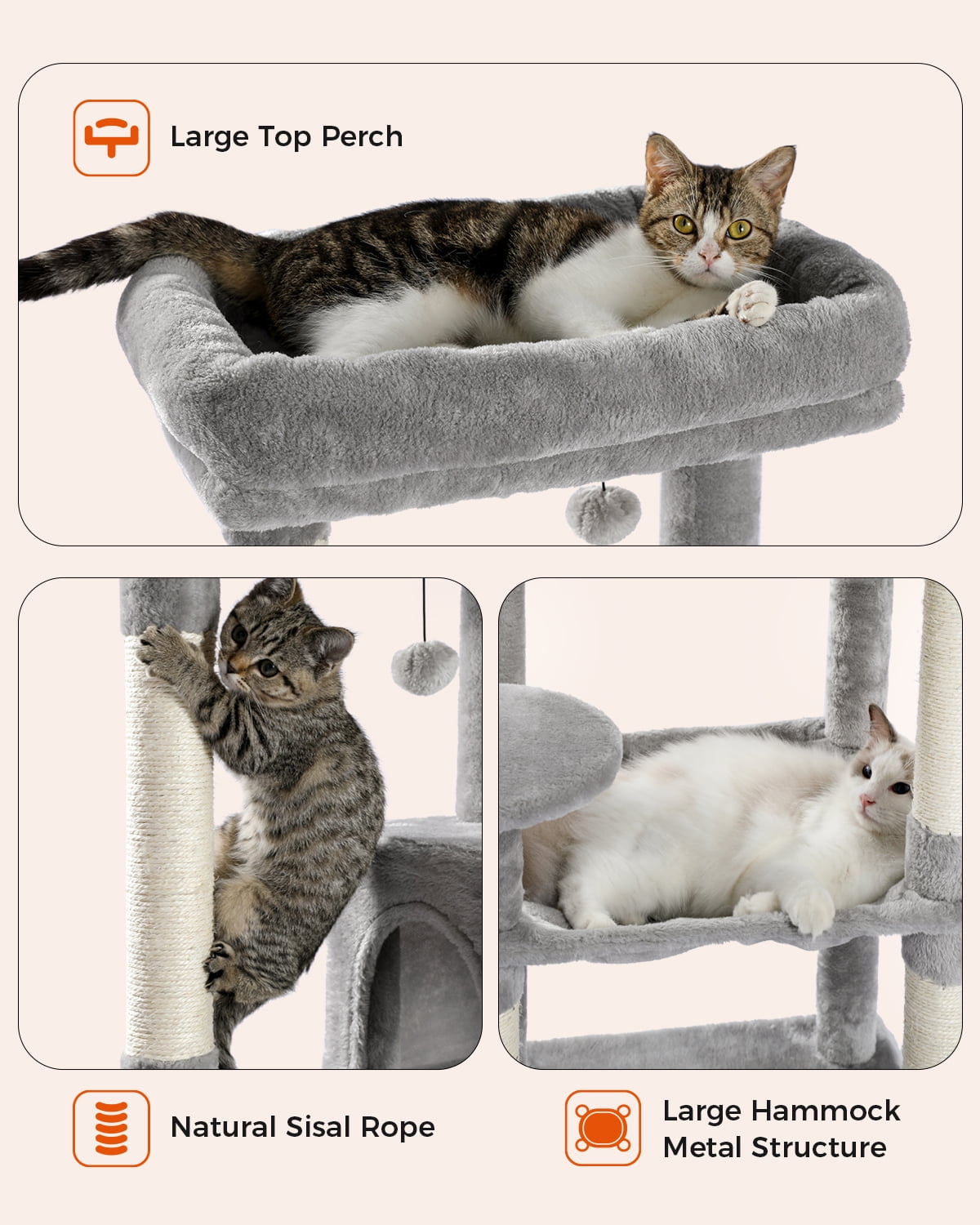 Cat Tree for Large Cats 56"Tall Cat Tower Condo with Scratching Post for Indoor Cats,Gray