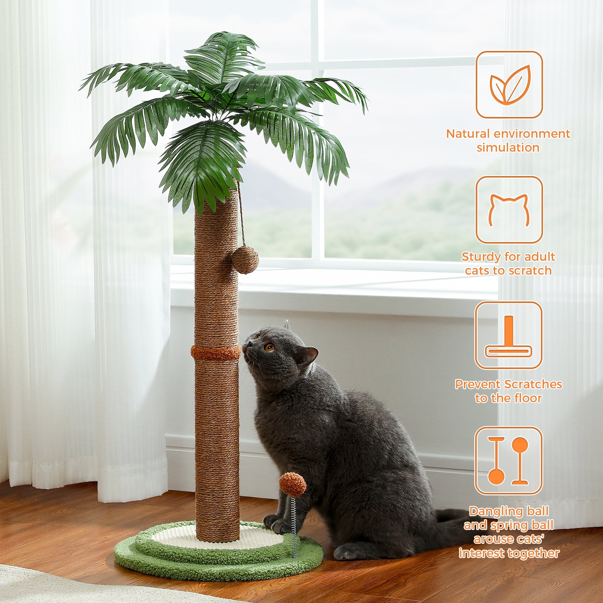 34" Coconut Palm Cat Scratching Post with Interactive Balls for Indoor Cats, Brown