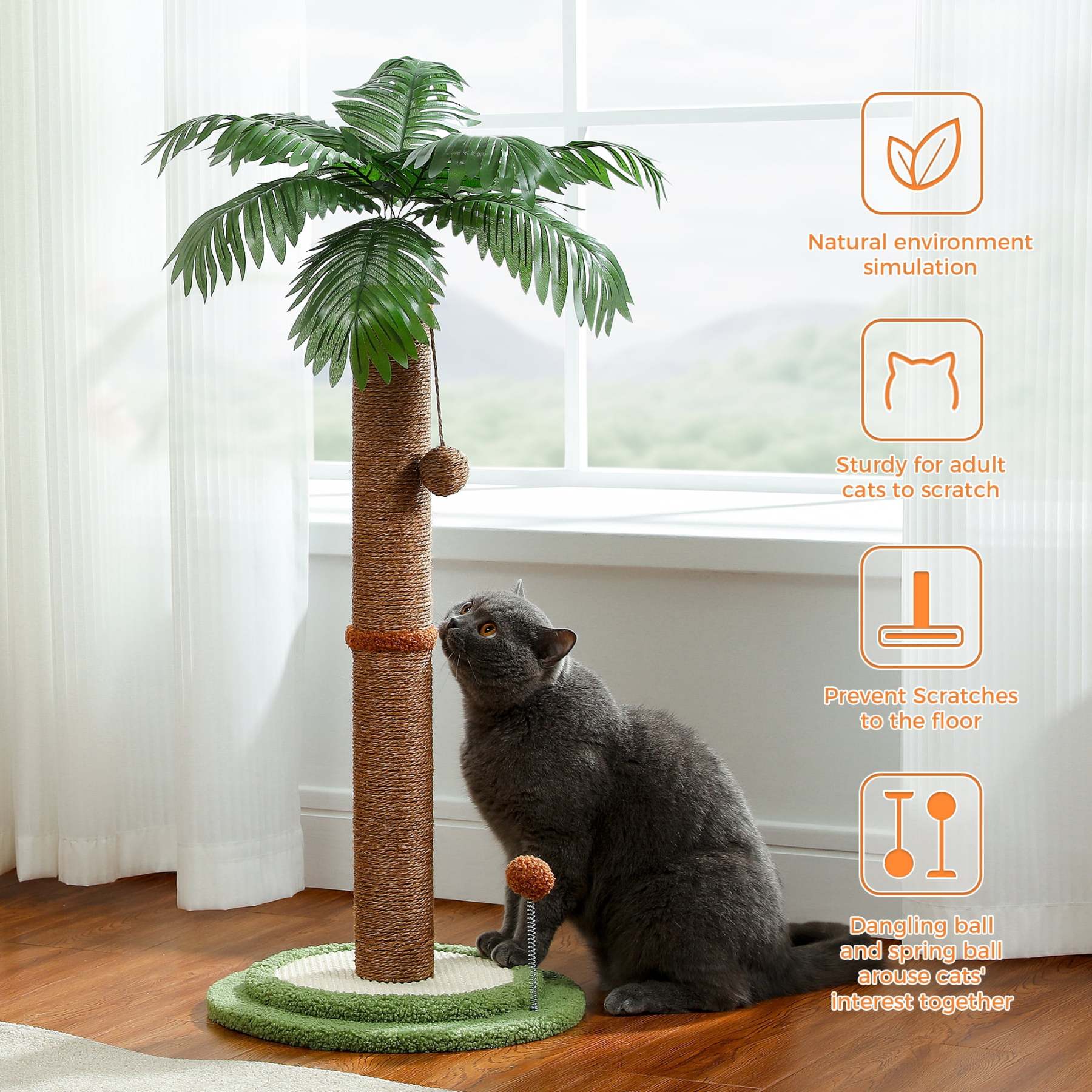 34" Coconut Palm Cat Scratching Post with Interactive Balls for Indoor Cats, Brown