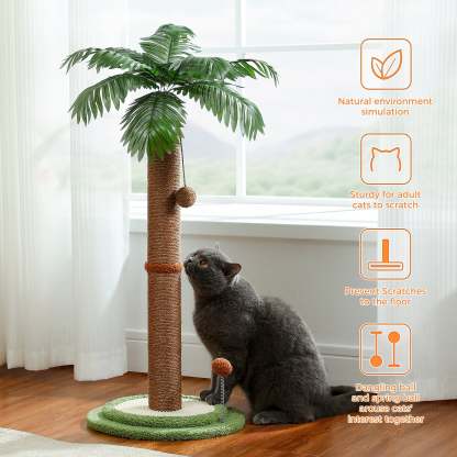34" Coconut Palm Cat Scratching Post with Interactive Balls for Indoor Cats, Brown