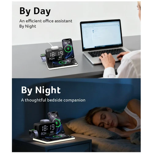 7-in-1 Wireless Charging Station for iPhone/Airpods/Watch with Digital Clock - Picture 8 of 12