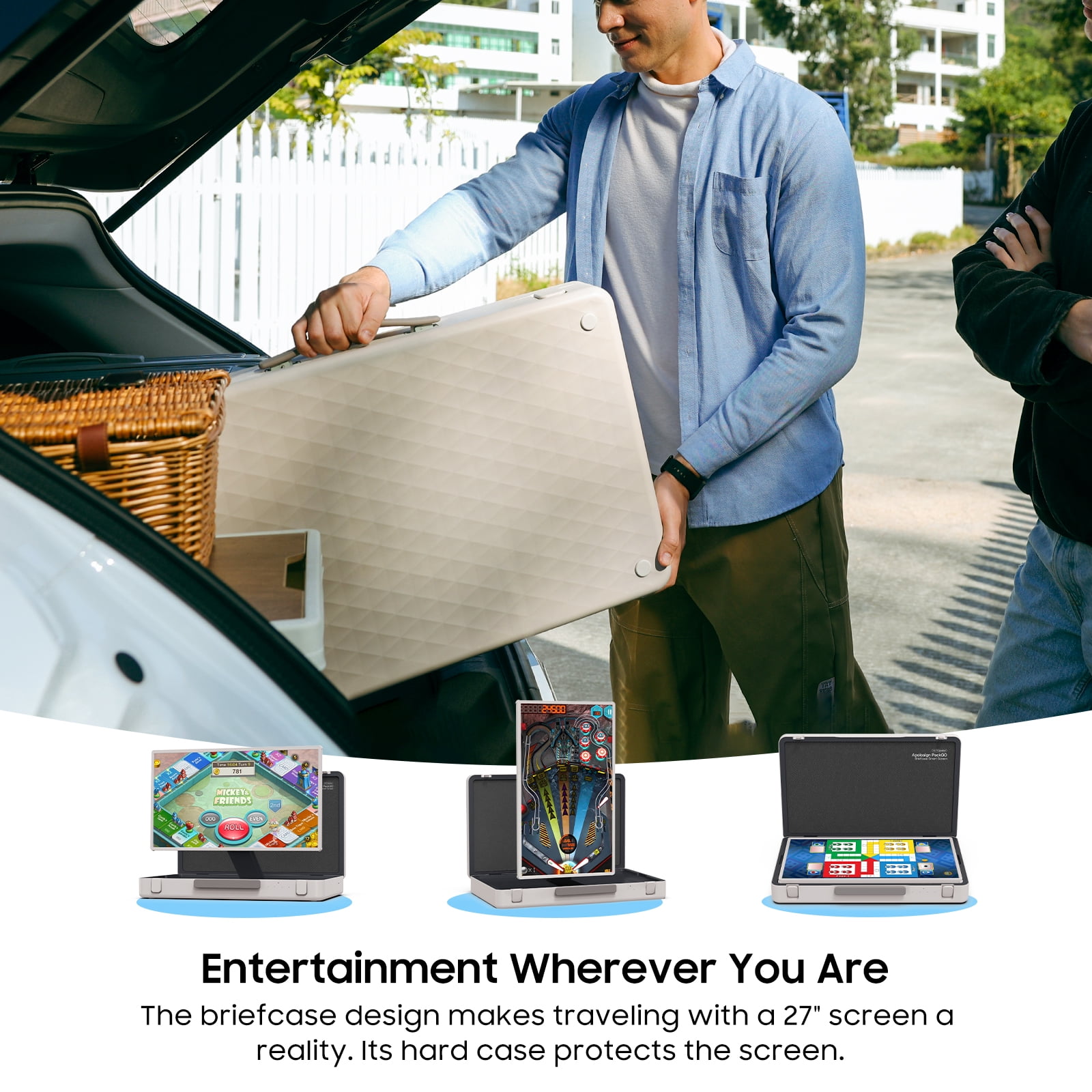 PackGo 27" Smart Portable Touchscreen TV, 1080P Full HD with Built-in 6H Battery, Versatile 90° Rotation Screen & Briefcase Style Design, White