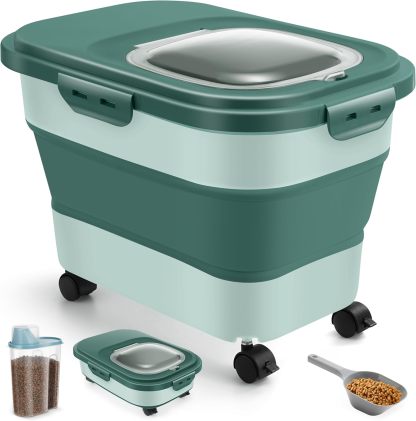 ANVS Dog Food Storage Container - Up to 20lbs Collapsible Dog Food Container with Casters, Scoop and 2.5L Small Pet Food Container to Keep Dry Pet Food Fresh (Green)