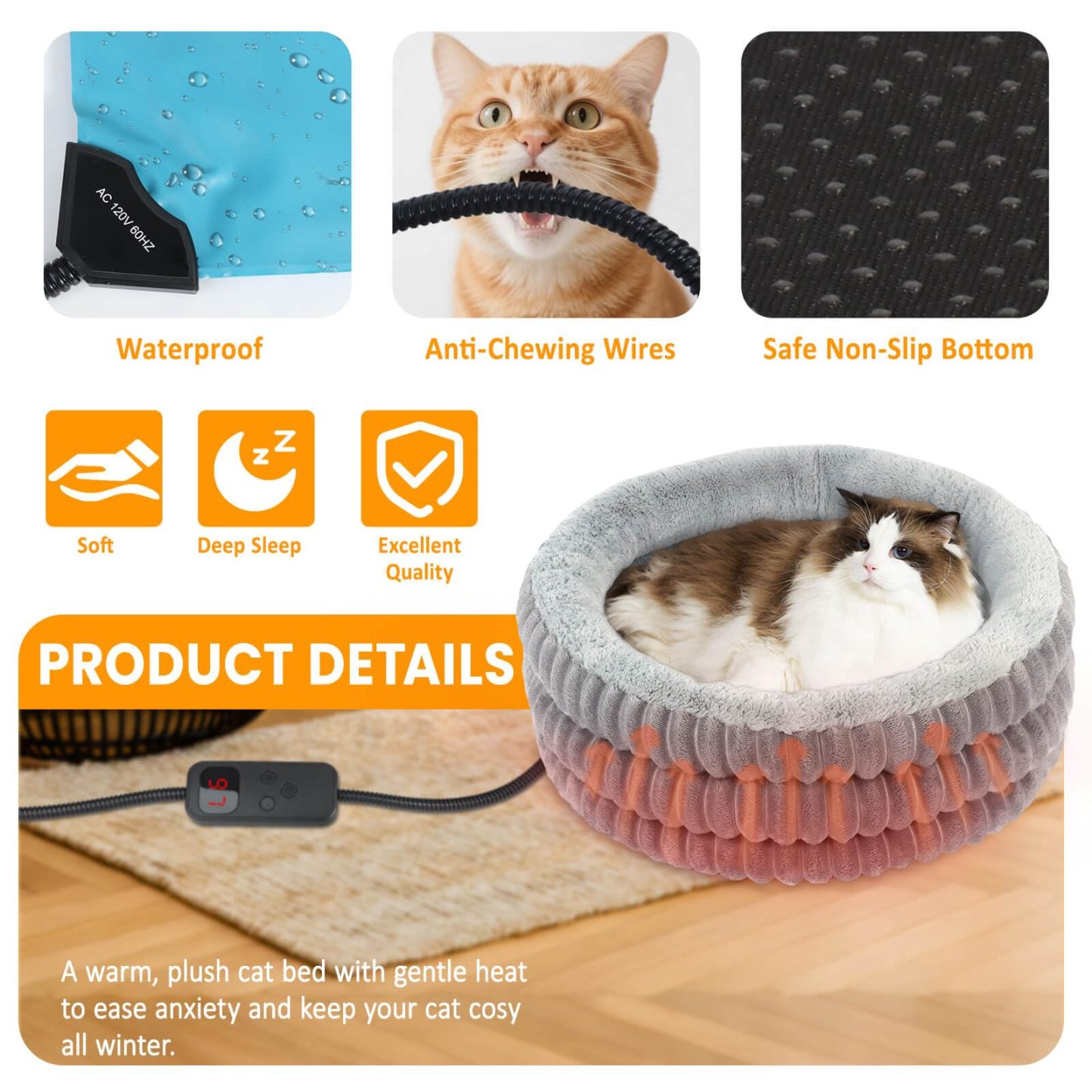 Heated Cat Bed Indoor, 20" Round Donut
