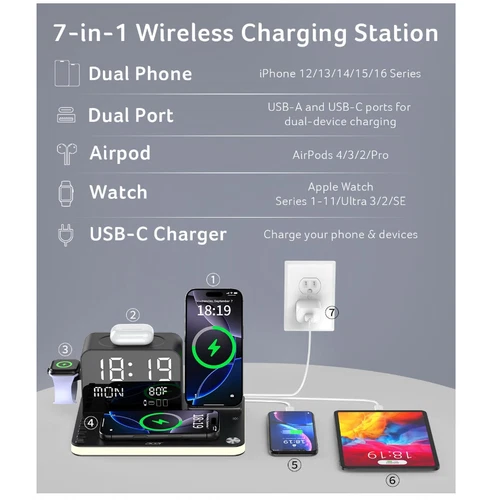 7-in-1 Wireless Charging Station for iPhone/Airpods/Watch with Digital Clock - Picture 2 of 12