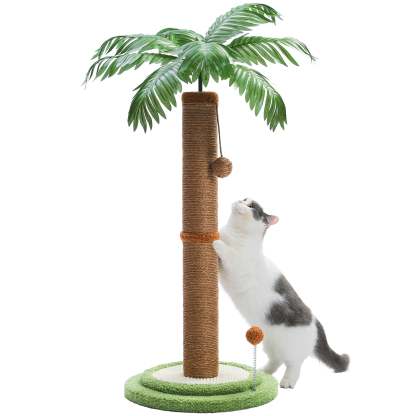 34" Coconut Palm Cat Scratching Post with Interactive Balls for Indoor Cats, Brown