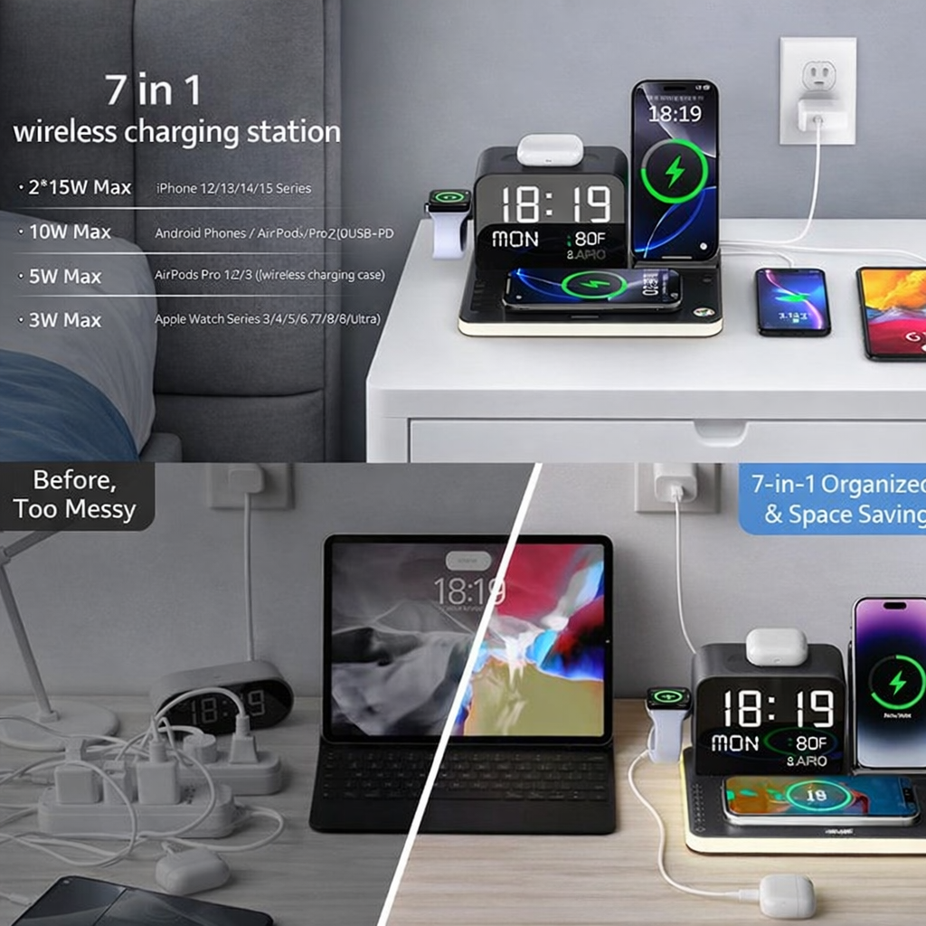 7-in-1 Wireless Charging Station for iPhone/Airpods/Watch with Digital Clock - Picture 11 of 12