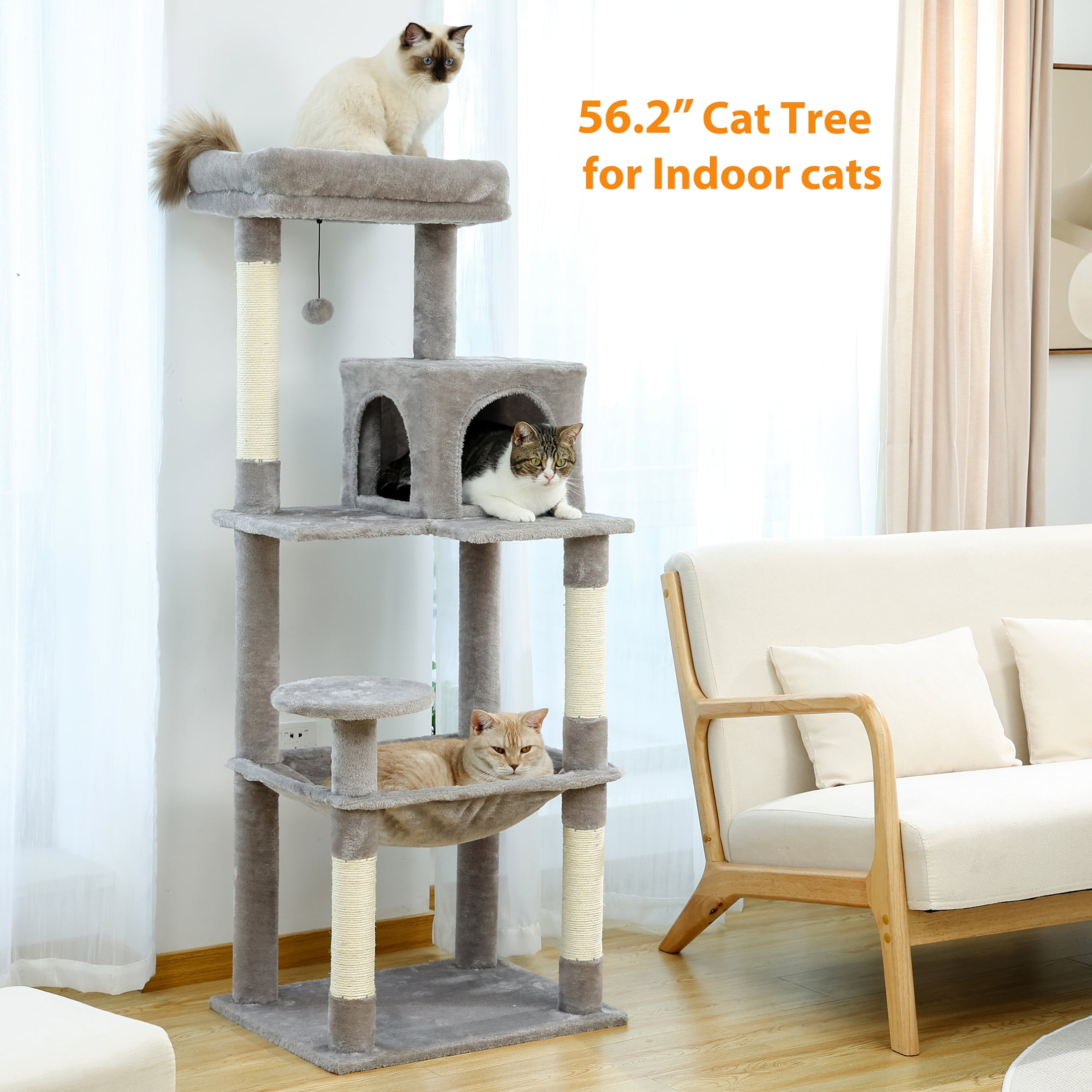 Cat Tree for Large Cats 56"Tall Cat Tower Condo with Scratching Post for Indoor Cats,Gray