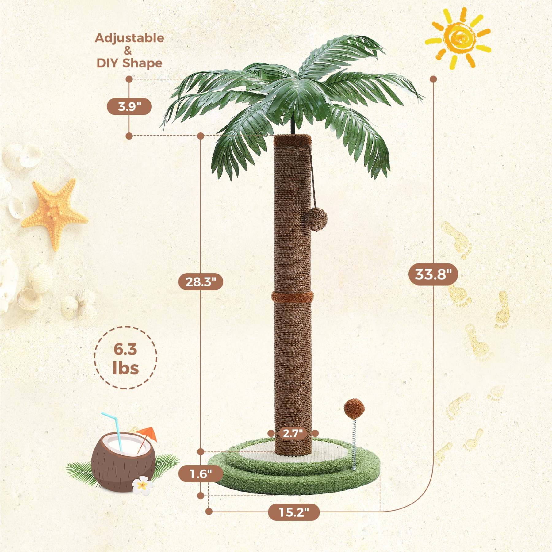 34" Coconut Palm Cat Scratching Post with Interactive Balls for Indoor Cats, Brown