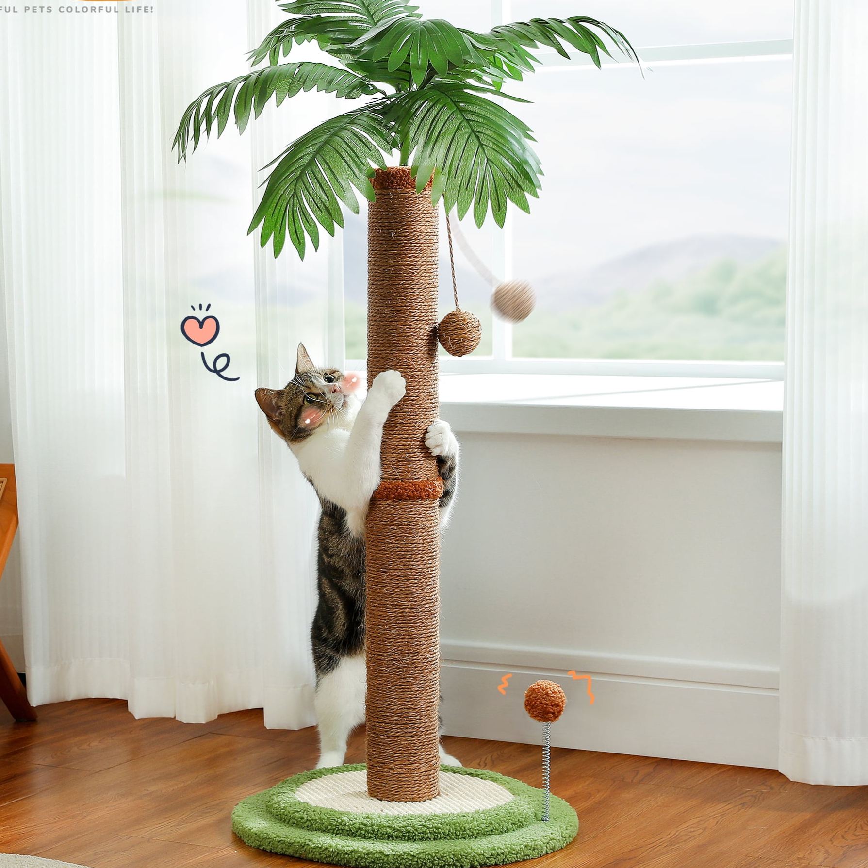 34" Coconut Palm Cat Scratching Post with Interactive Balls for Indoor Cats, Brown