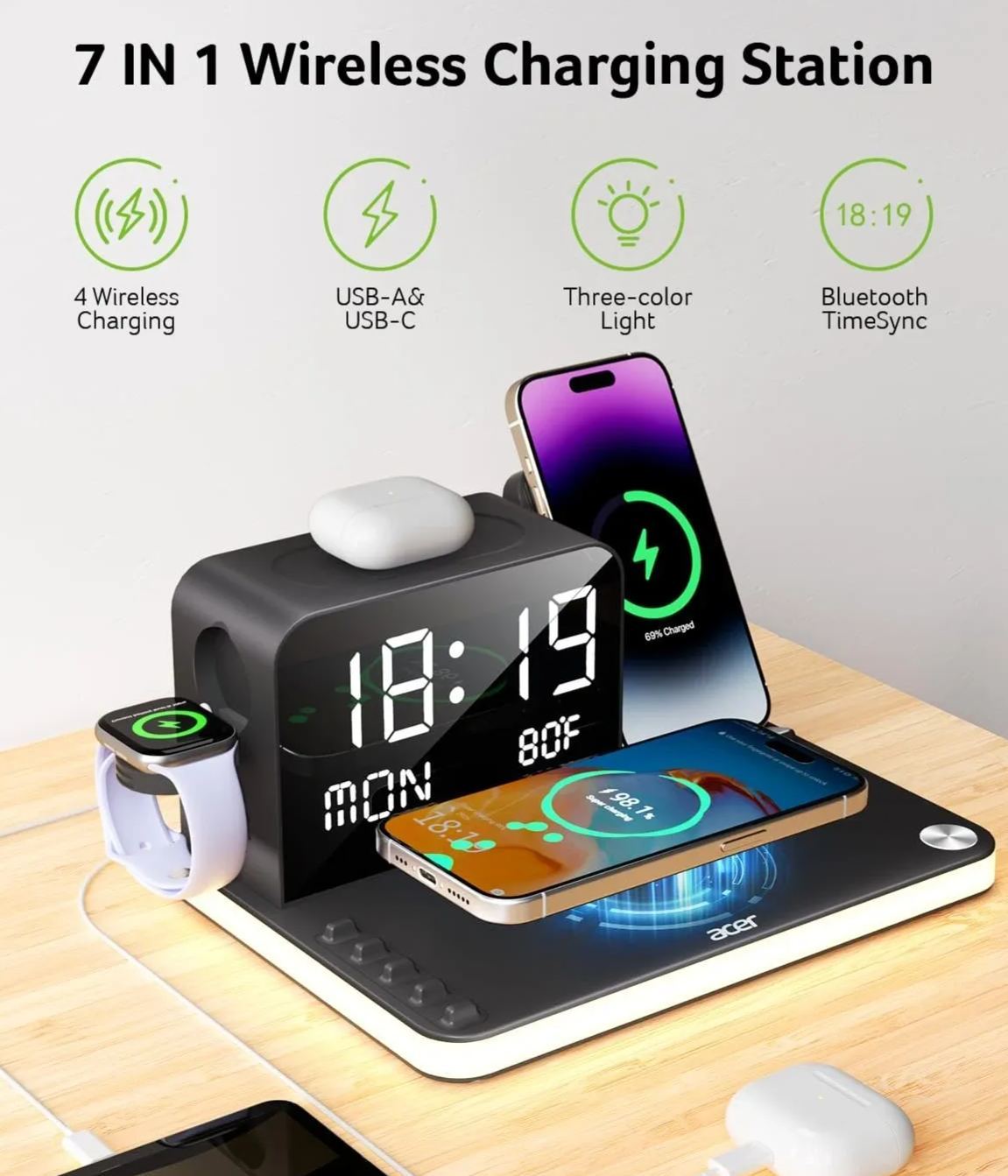 7-in-1 Wireless Charging Station for iPhone/Airpods/Watch with Digital Clock