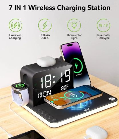 7-in-1 Wireless Charging Station for iPhone/Airpods/Watch with Digital Clock