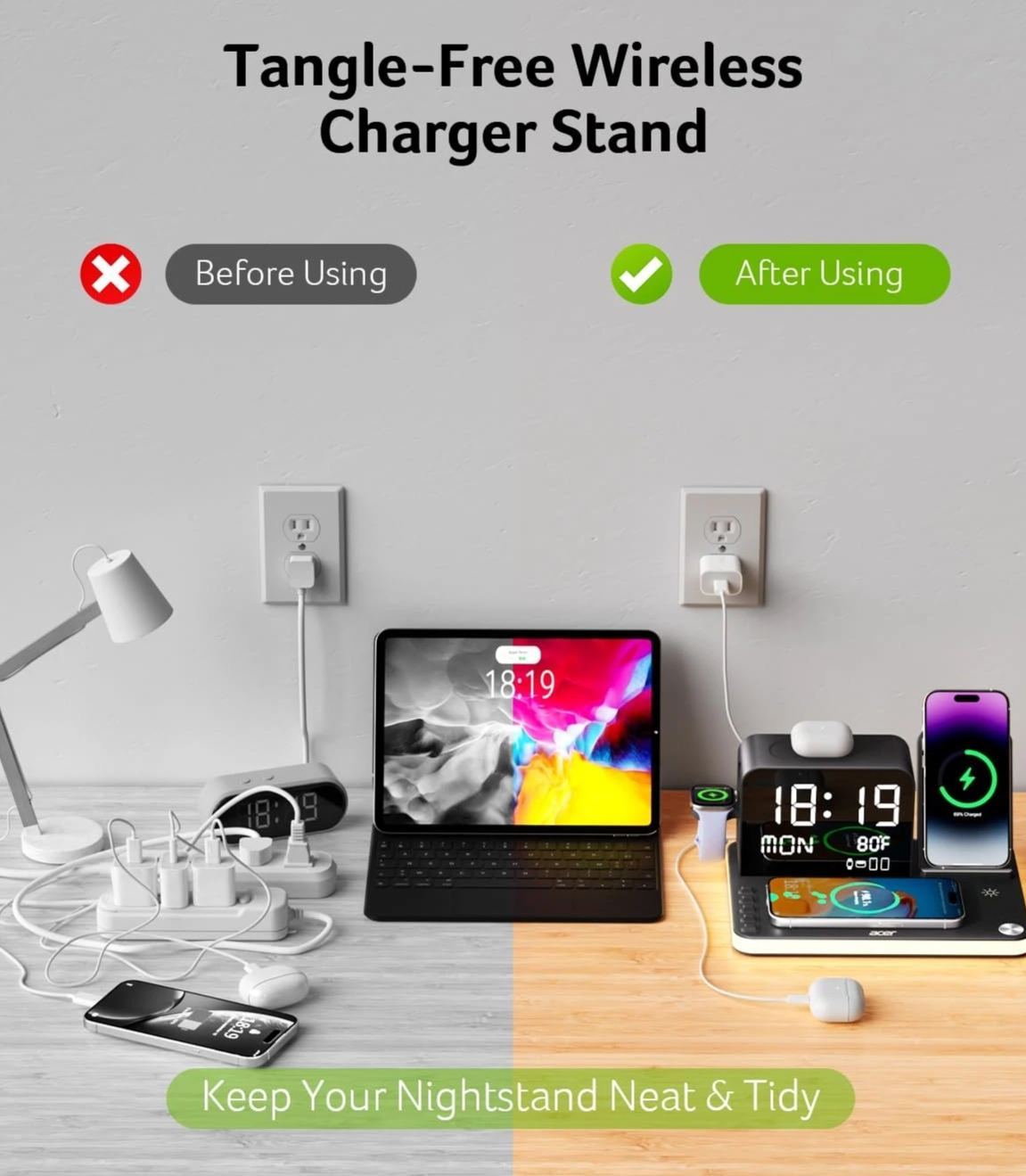 7-in-1 Wireless Charging Station for iPhone/Airpods/Watch with Digital Clock