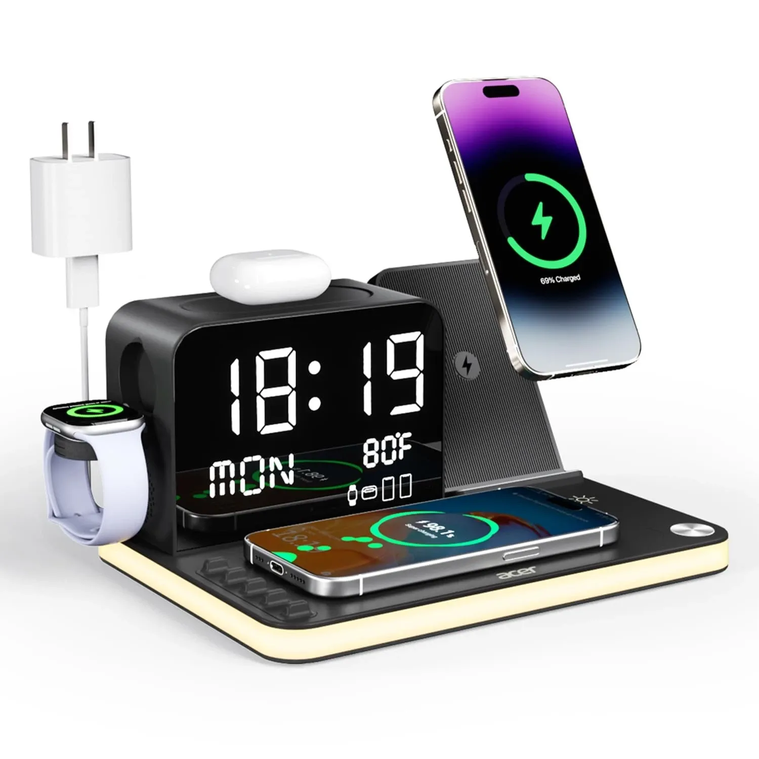 7-in-1 Wireless Charging Station for iPhone/Airpods/Watch with Digital Clock