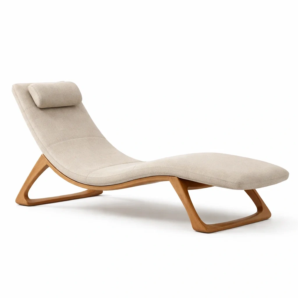Curved Fabric Chaise Lounge Chair with Wooden Base-nordichomefurni