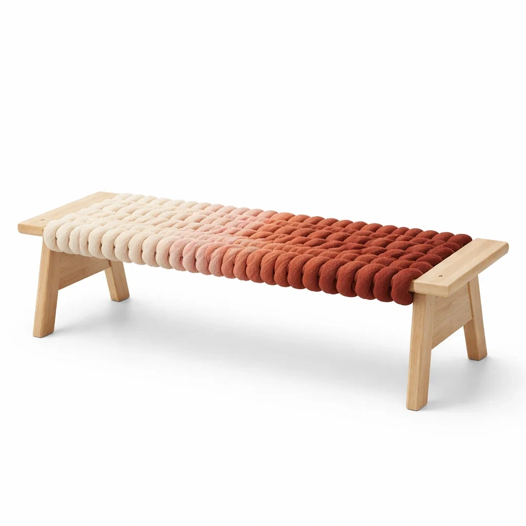 Handwoven Rope Bench with Solid Wood Frame-nordichomefurni