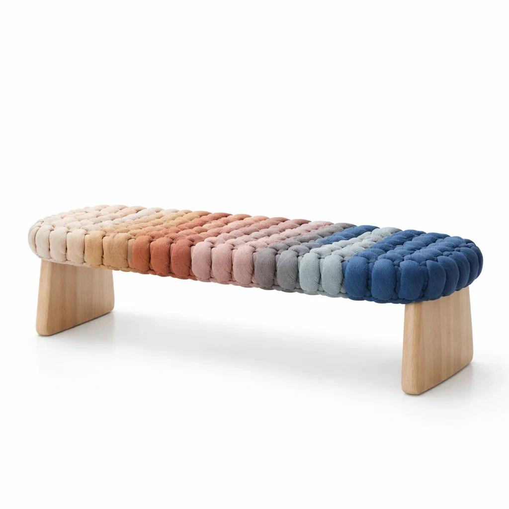 Multicolour Woven Bench with Wooden Base-nordichomefurni