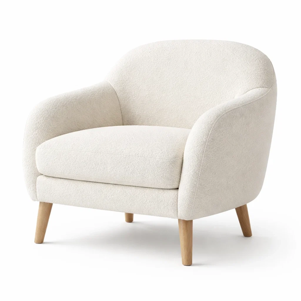 Cream Boucl Upholstered Armchair with Solid Wood Legs-nordichomefurni