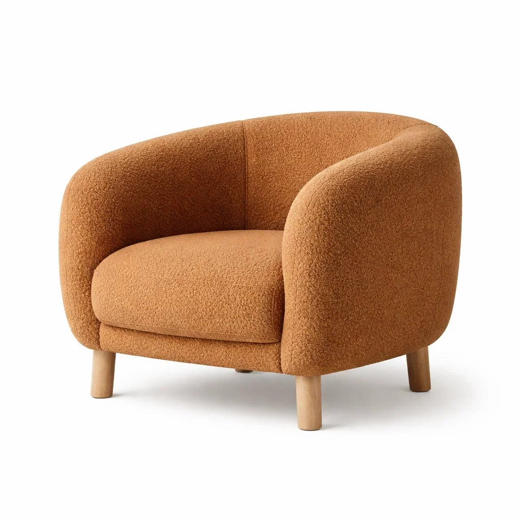 Curved Boucl Upholstered Accent Armchair with Wooden Legs-nordichomefurni