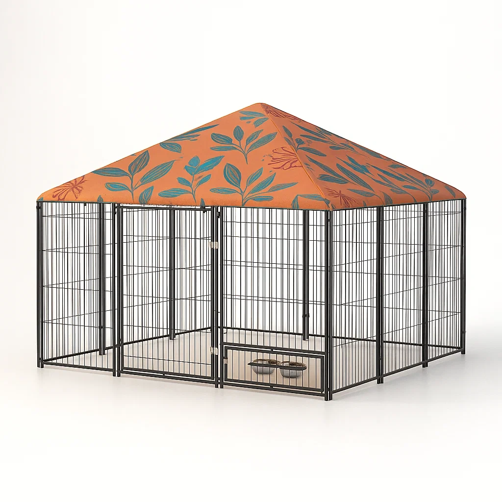 Cage pour chien en acier avec toit pyramidal à motif floral-Roomauranow