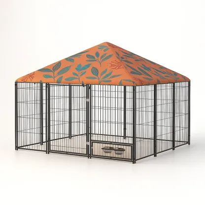 Cage pour chien en acier avec toit pyramidal à motif floral-Roomauranow
