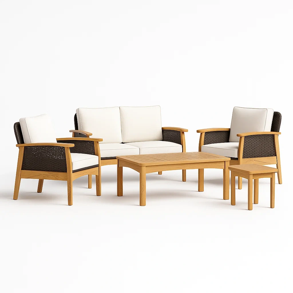 Ensemble de canapés de terrasse 5 pièces en bois et résine tressée-Roomauranow