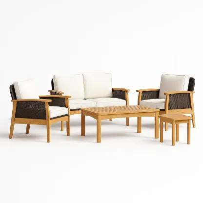 Ensemble de canapés de terrasse 5 pièces en bois et résine tressée-Roomauranow