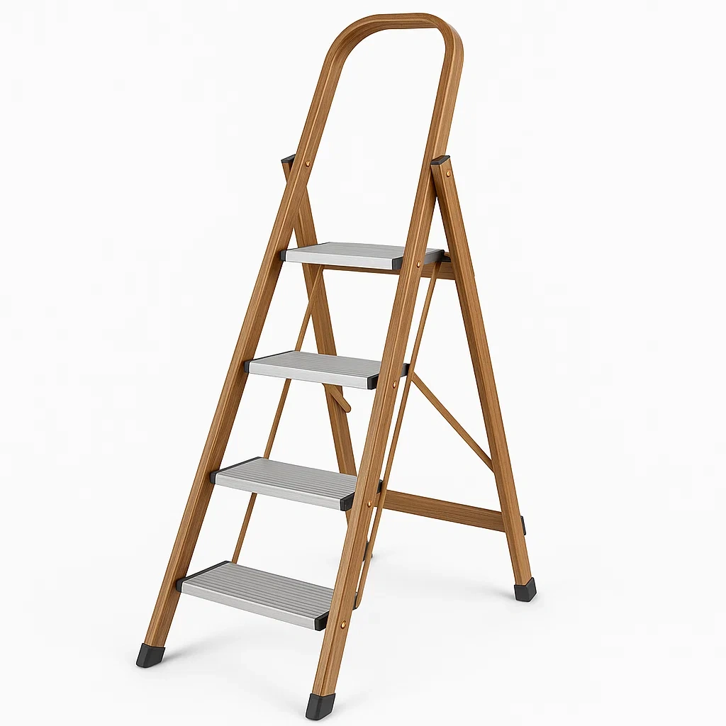 Échelle escabeau pliant en bois et aluminium avec 4 marches-Roomauranow