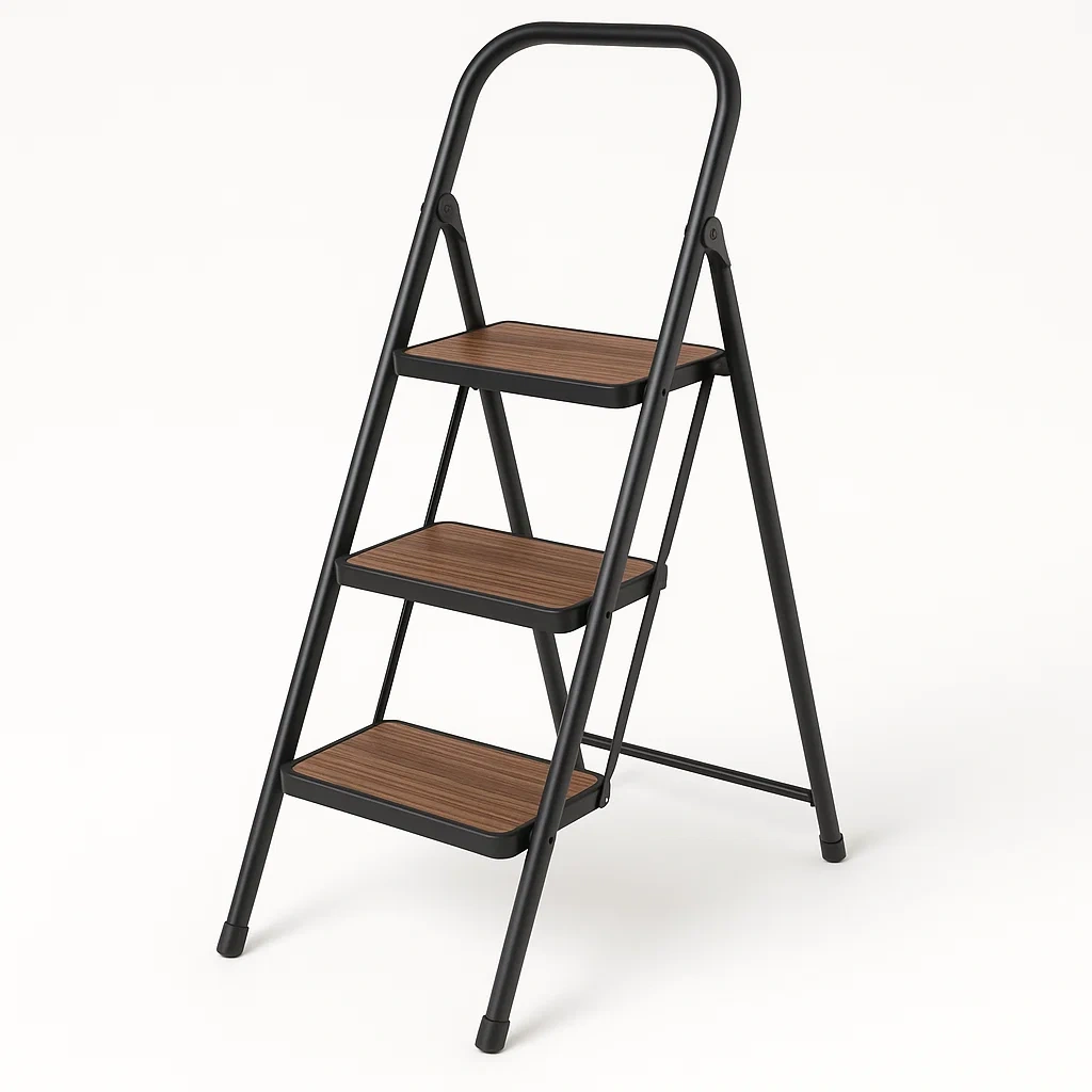 Échelle escabeau 3 marches en métal et bois noir et marron-Roomauranow