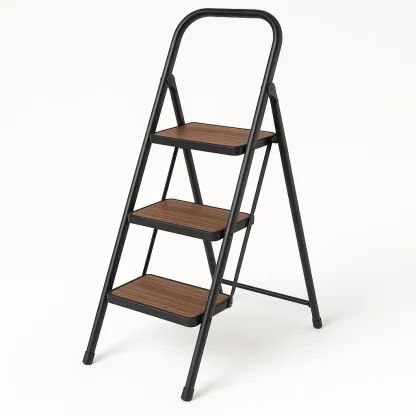 Échelle escabeau 3 marches en métal et bois noir et marron-Roomauranow