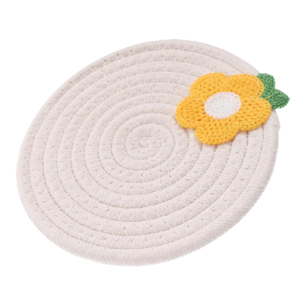 Dessous de verre rond en coton tissé avec fleur crochetée-yallasport.xyz