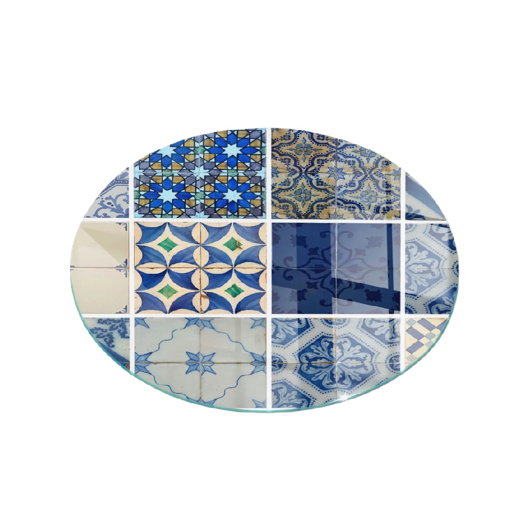 Dessous de verre rond en verre avec motif carreaux de céramique bleu-yallasport.xyz