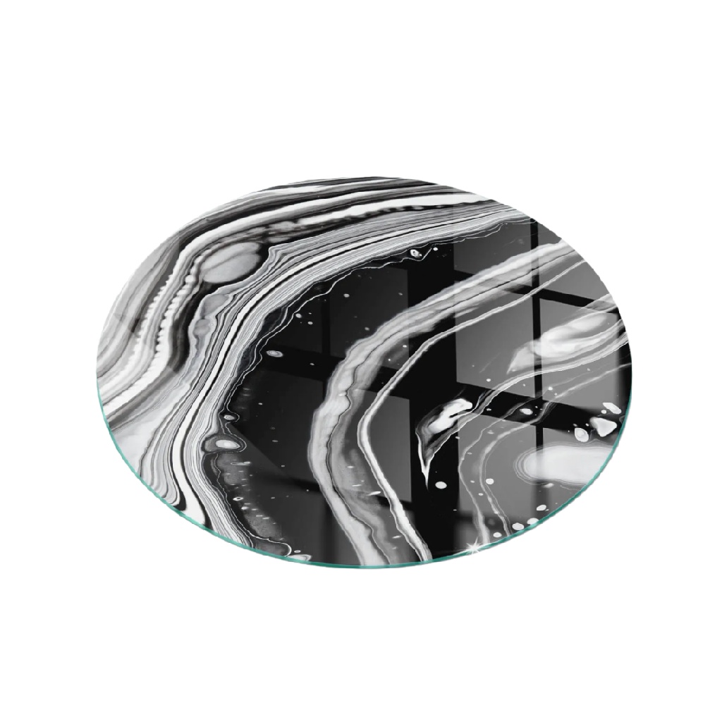 Dessous de verre rond en verre avec motif marbré noir et blanc-yallasport.xyz