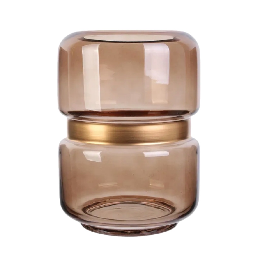 Jarrón decorativo de vidrio color ámbar con aro metálico-alonzowhite.shop