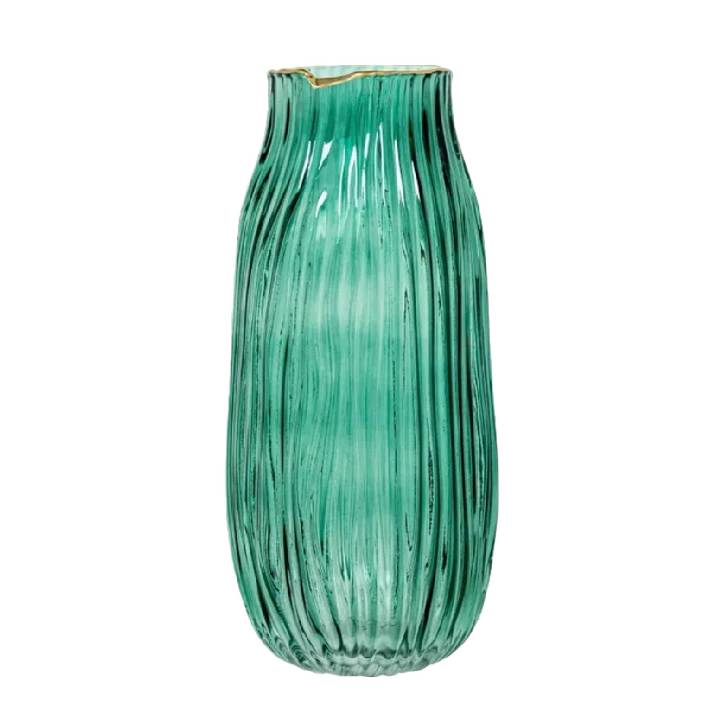 Jarrón decorativo de vidrio estriado color verde con borde dorado-alonzowhite.shop