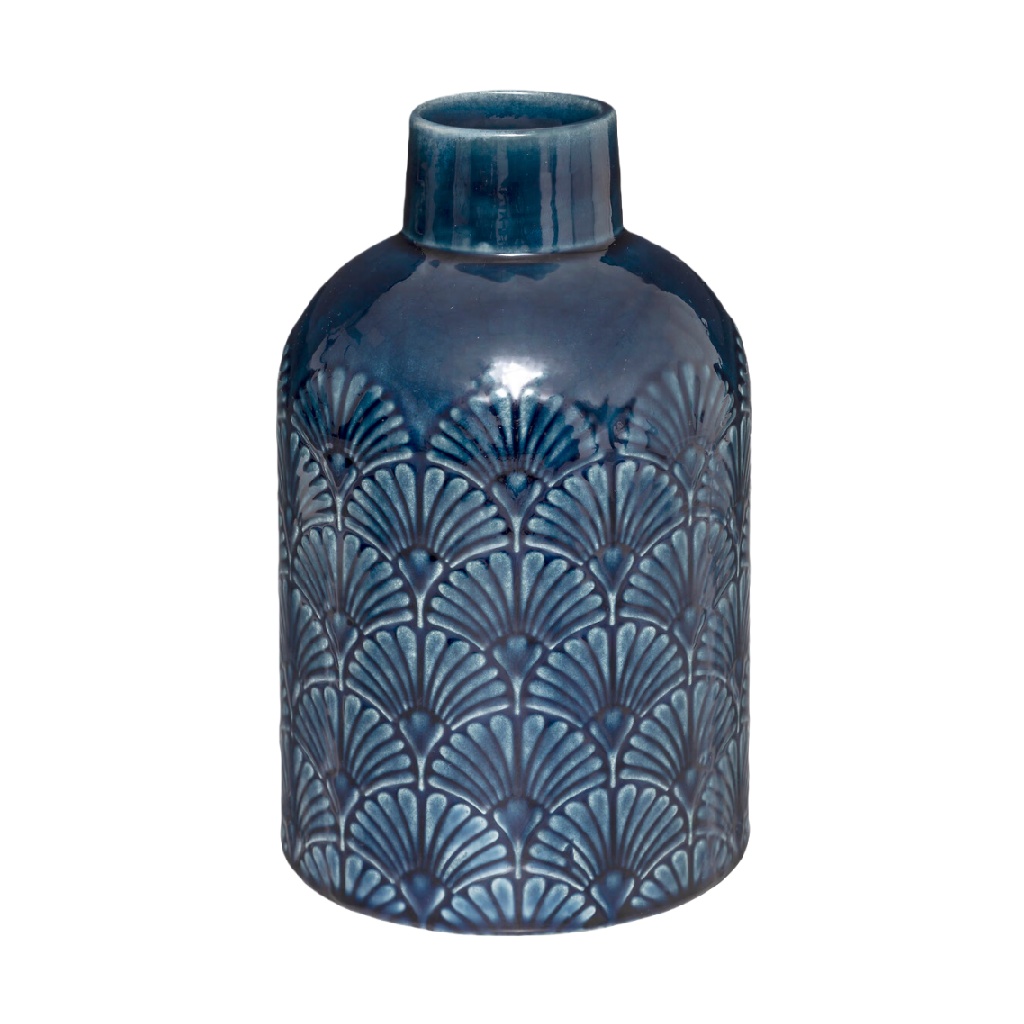 Jarrón decorativo de cerámica azul con relieve geométrico-alonzowhite.shop