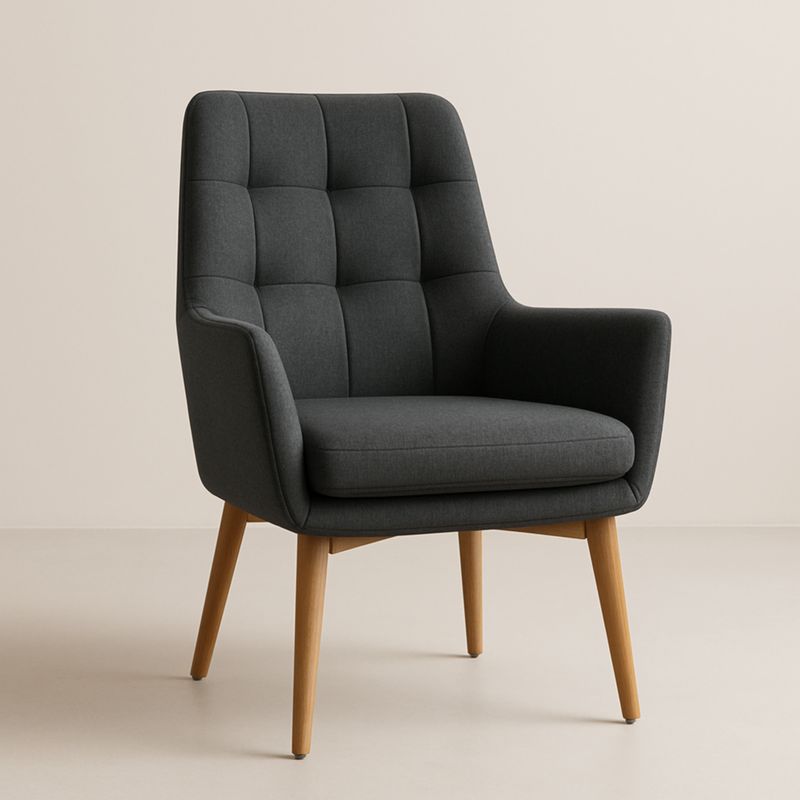 Fauteuil en tissu gris foncé avec piétement en bois