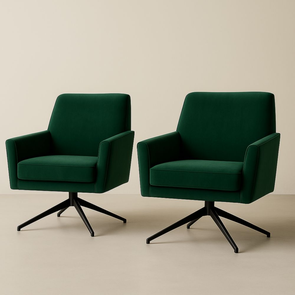 Lot de 2 fauteuils pivotants en velours vert avec pieds en métal