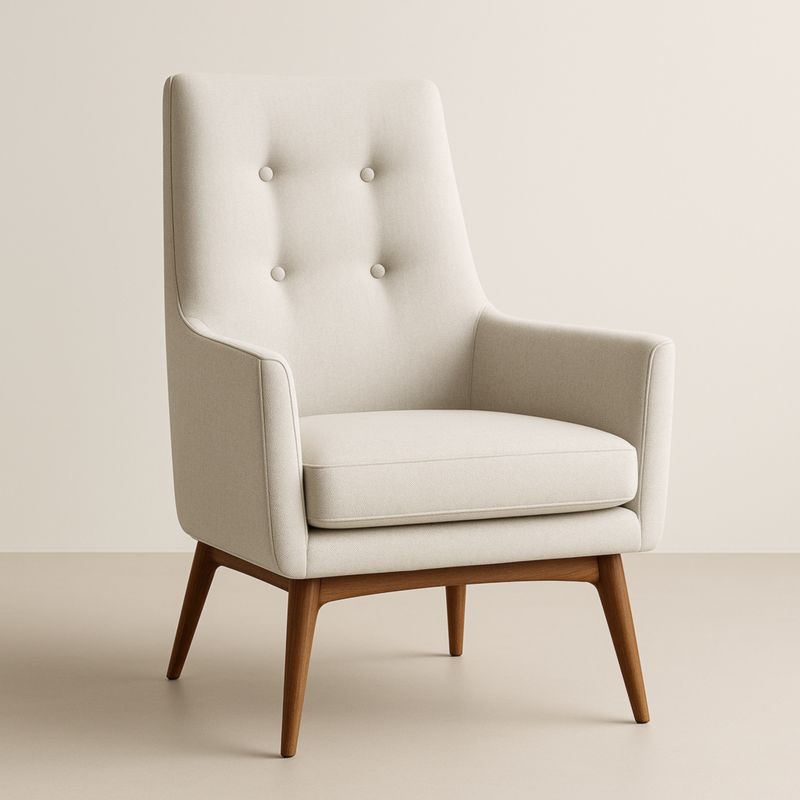 Fauteuil tissu polyester beige structure bois