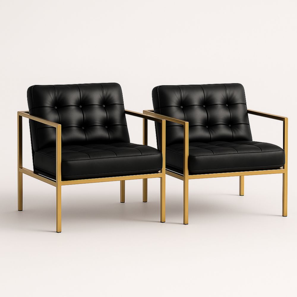 Paire de fauteuils cuir PU noir et métal doré