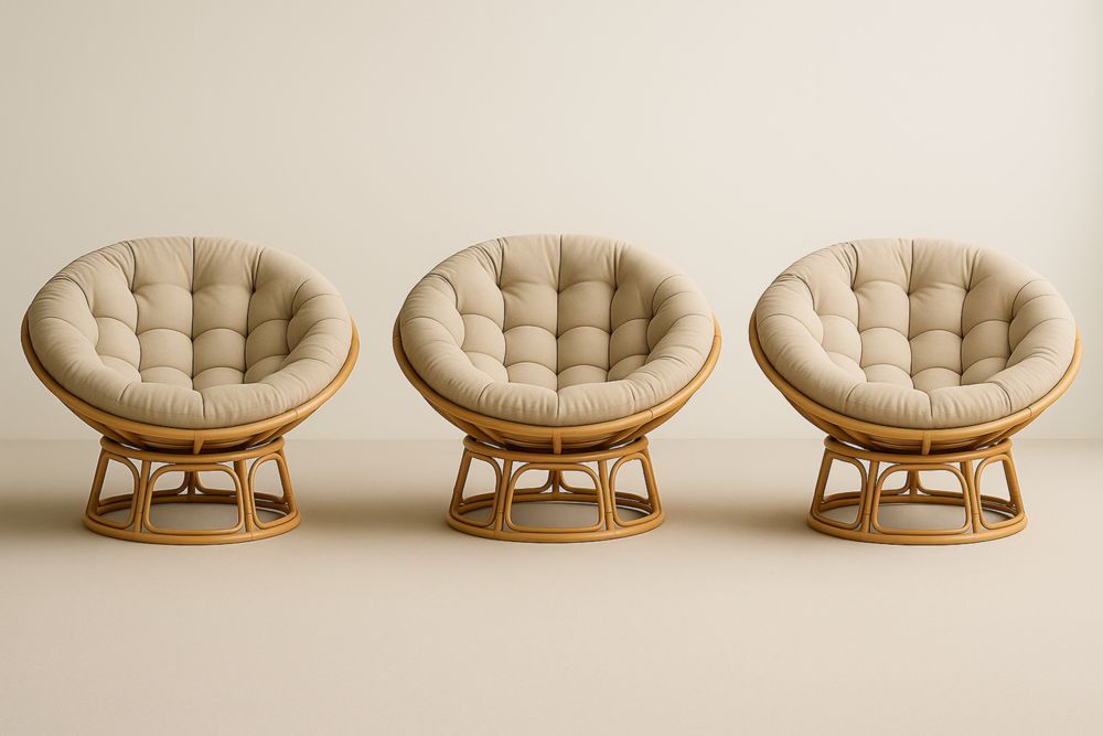 Fauteuils Papasan de détente en rotin avec coussin beige – Lot de 3