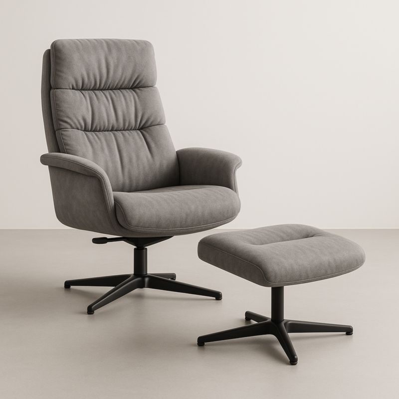 Fauteuil pivotant en tissu polyester gris et métal avec repose-pieds