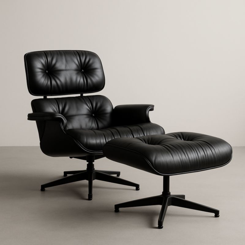 Fauteuil Lounge et Repose-pieds en Cuir Noir